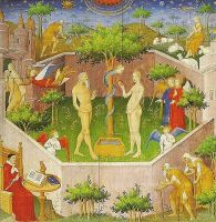 Адам и Ева в райском саду, миниатюра из средневекового манускрипта.